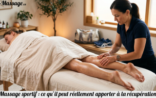 Praticien réalisant un massage sportif sur la jambe d’une personne active après l’effort