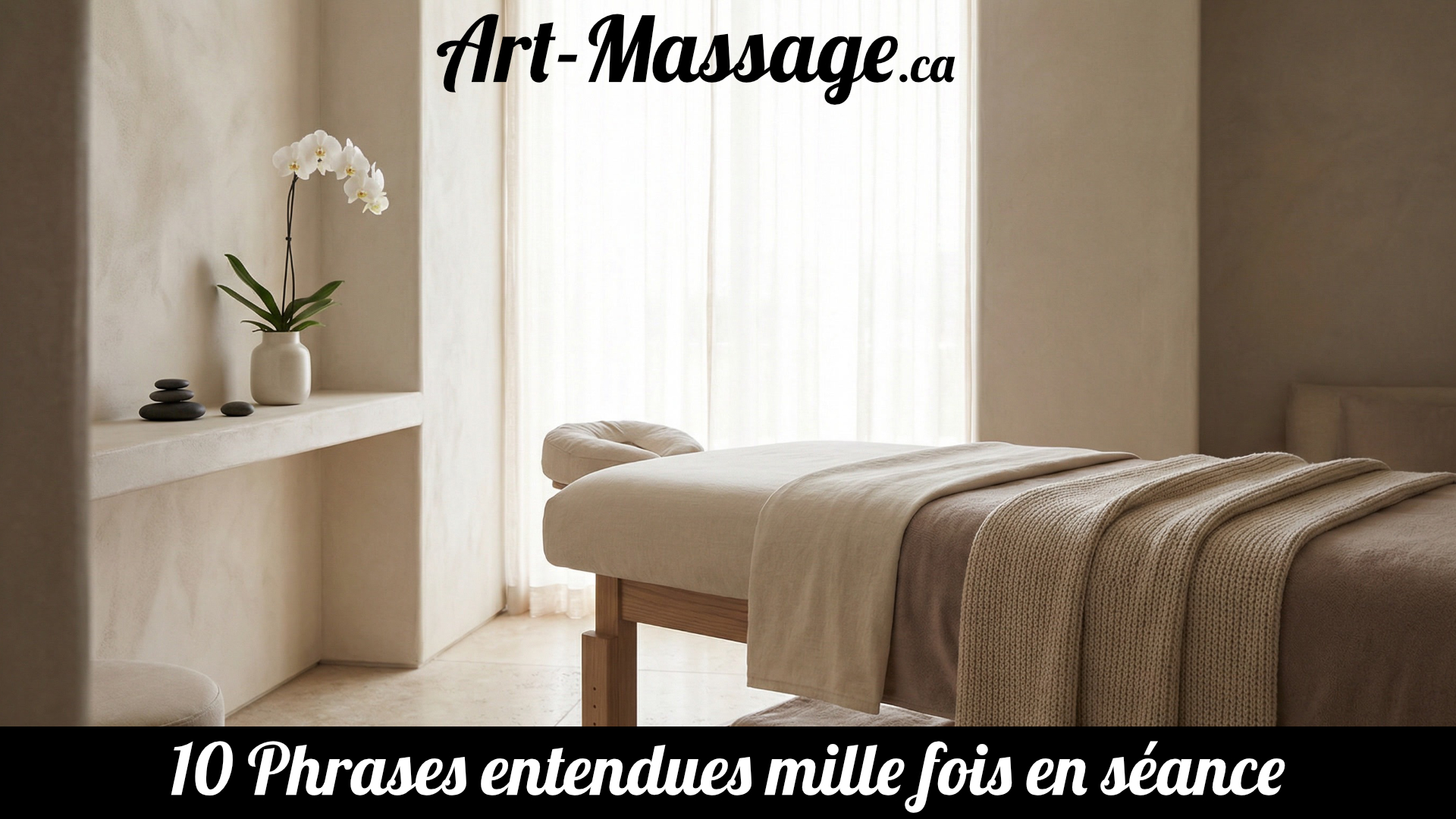 1000Phrases Salle de massage haut de gamme dans un style spa de luxe, avec ambiance douce, linge clair, pierres décoratives et atmosphère apaisante.