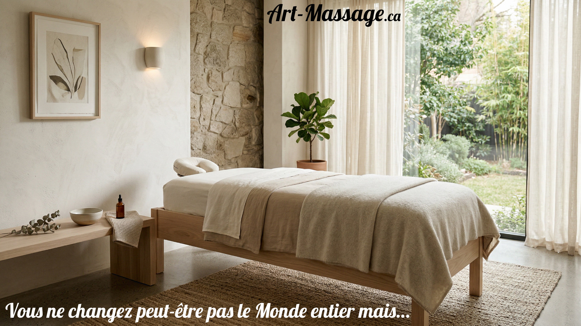 ChangerMonde Salle de massage minimaliste et haut de gamme dans un spa de luxe, baignée d’une lumière douce, avec table de soin, linge blanc et ambiance apaisante.