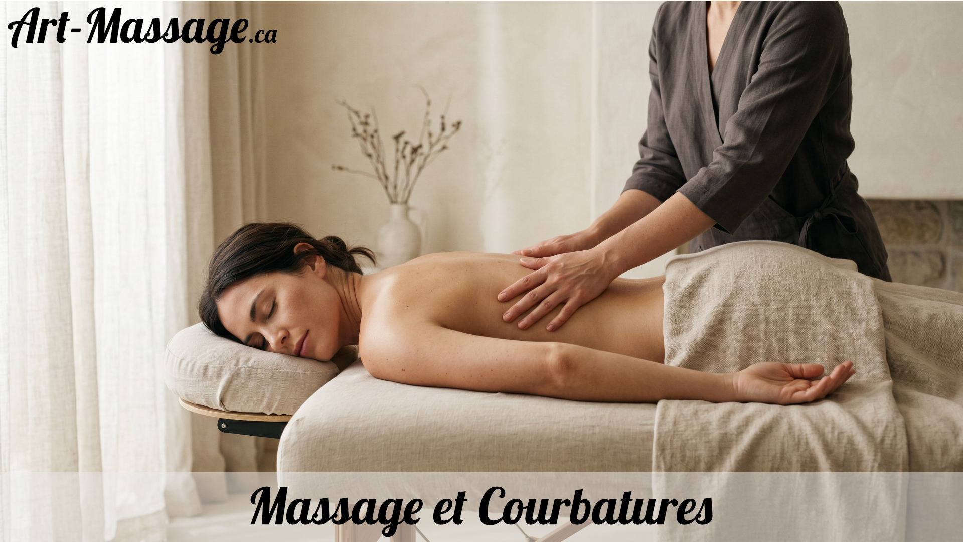 Femme recevant un massage du dos dans un spa haut de gamme, aux tons beiges et chaleureux, dans une ambiance minimaliste et apaisante.