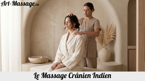 Femme recevant un massage crânien indien en position assise dans un spa élégant et minimaliste.