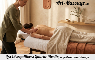 Personne vue de dos dans un espace de massage haut de gamme, avec une légère asymétrie corporelle suggérant un déséquilibre droite-gauche.