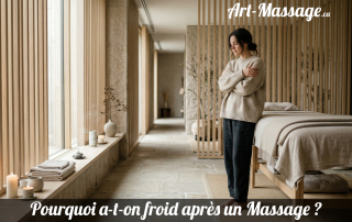 Femme debout dans une salle de massage haut de gamme, vêtue d’un pull en laine, dans une ambiance spa douce et épurée.