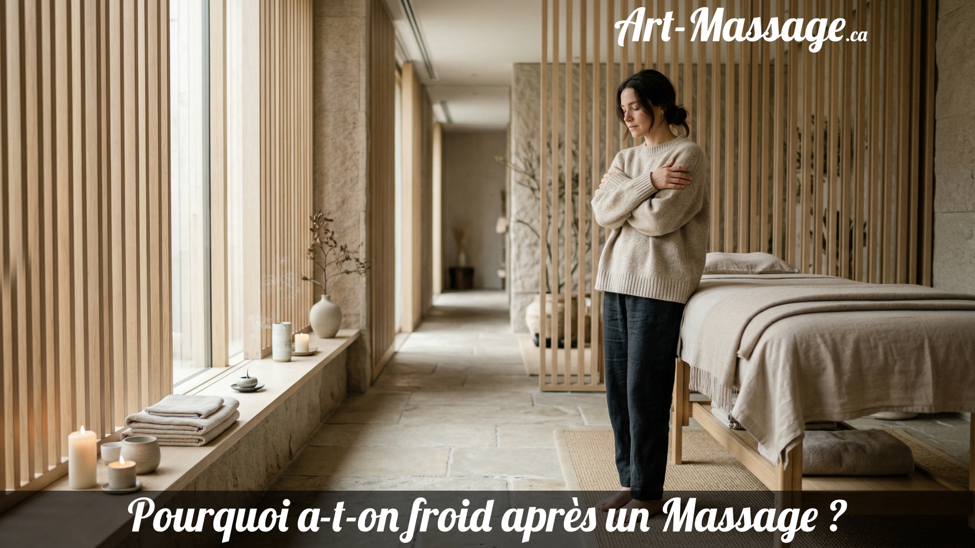 FroidMassage Femme debout dans une salle de massage haut de gamme, vêtue d’un pull en laine, dans une ambiance spa douce et épurée.