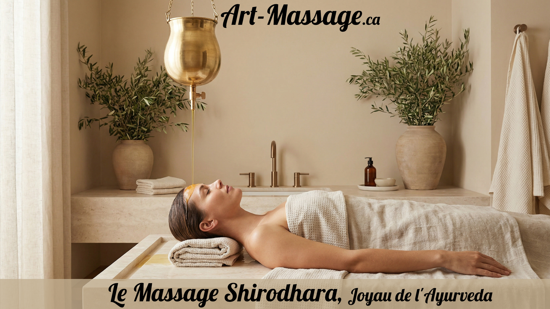 Shirodhara2026 Femme recevant un soin Shirodhara dans un espace de bien-être sobre et haut de gamme.