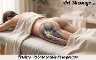 Illustration anatomique d’une personne allongée sur une table de massage, avec les muscles fessiers visibles en transparence pour montrer leur rôle dans la posture, la stabilité du bassin et les compensations corporelles.