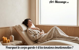 Femme détendue dans un spa minimaliste de luxe, une main posée sur l’épaule, évoquant le relâchement des tensions émotionnelles du corps.