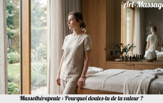 Praticienne en massage pensive regardant par la fenêtre dans une salle de spa de luxe.