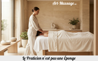 Praticien en massage présent auprès d’un client dans un spa minimaliste, illustrant la posture juste du soin sans absorber les tensions de l’autre.
