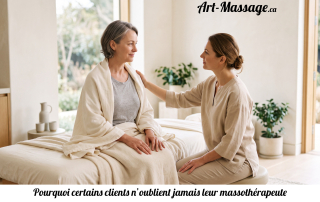 Massothérapeute échangeant avec sa cliente après un massage dans un spa de luxe lumineux.