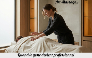 Massothérapeute attentive ajustant la position de ses mains pendant un massage professionnel dans un spa haut de gamme.