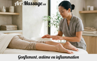Praticienne observant avec prudence les jambes d’une cliente avant un massage, dans un spa lumineux aux tons beige et ivoire.