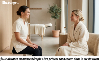 Une massothérapeute échange avec sa cliente en maintenant une présence chaleureuse et une distance respectueuse.