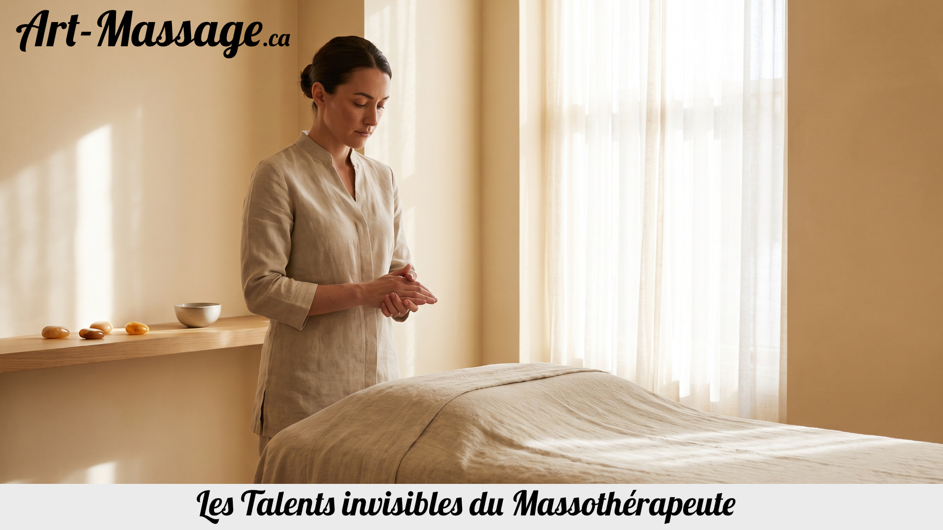 Massothérapeute concentré auprès d’une table de massage dans un espace lumineux.