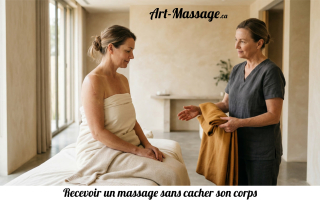 Une cliente drapée reçoit une couverture d’une massothérapeute dans un spa lumineux.