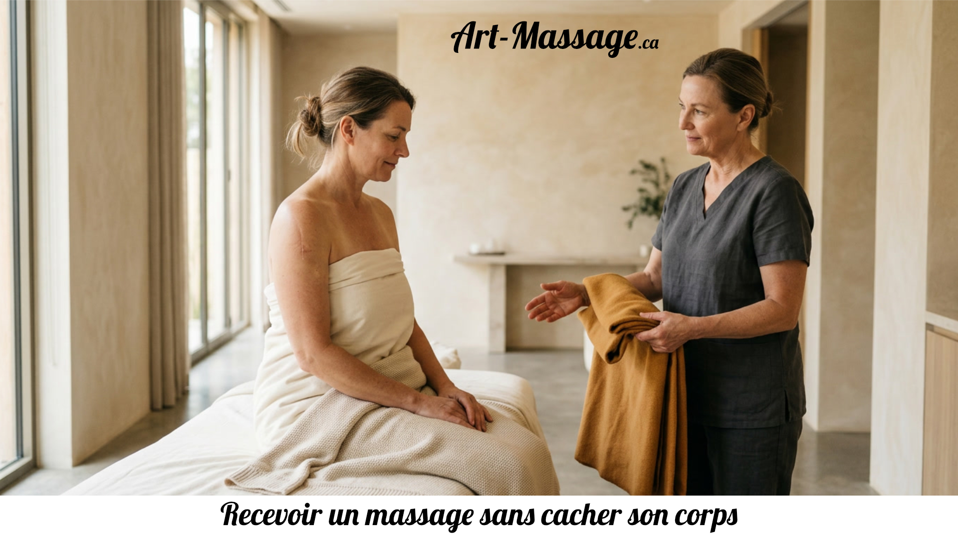 CacherCorps Une cliente drapée reçoit une couverture d’une massothérapeute dans un spa lumineux.