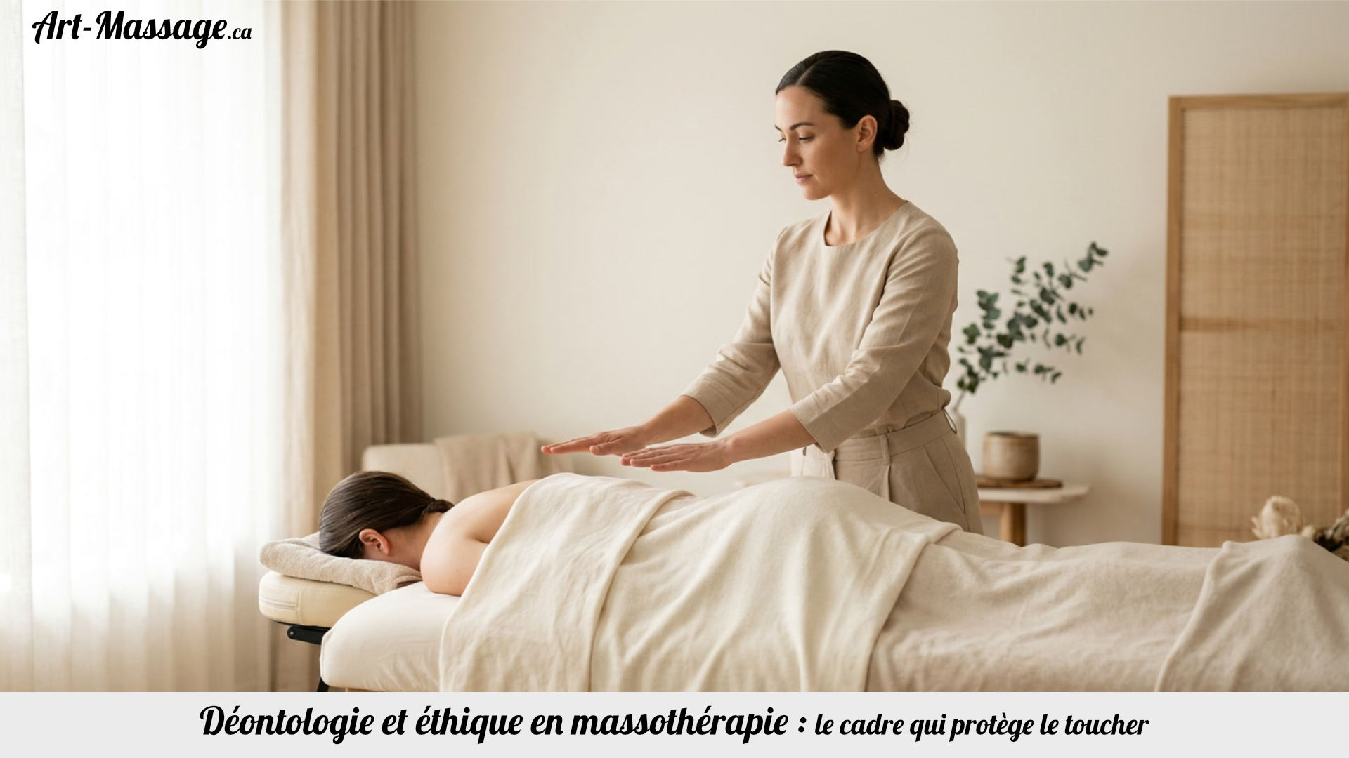 Déontologie Massothérapeute se préparant à poser les mains sur le dos couvert d’un client dans un cadre professionnel calme et lumineux.