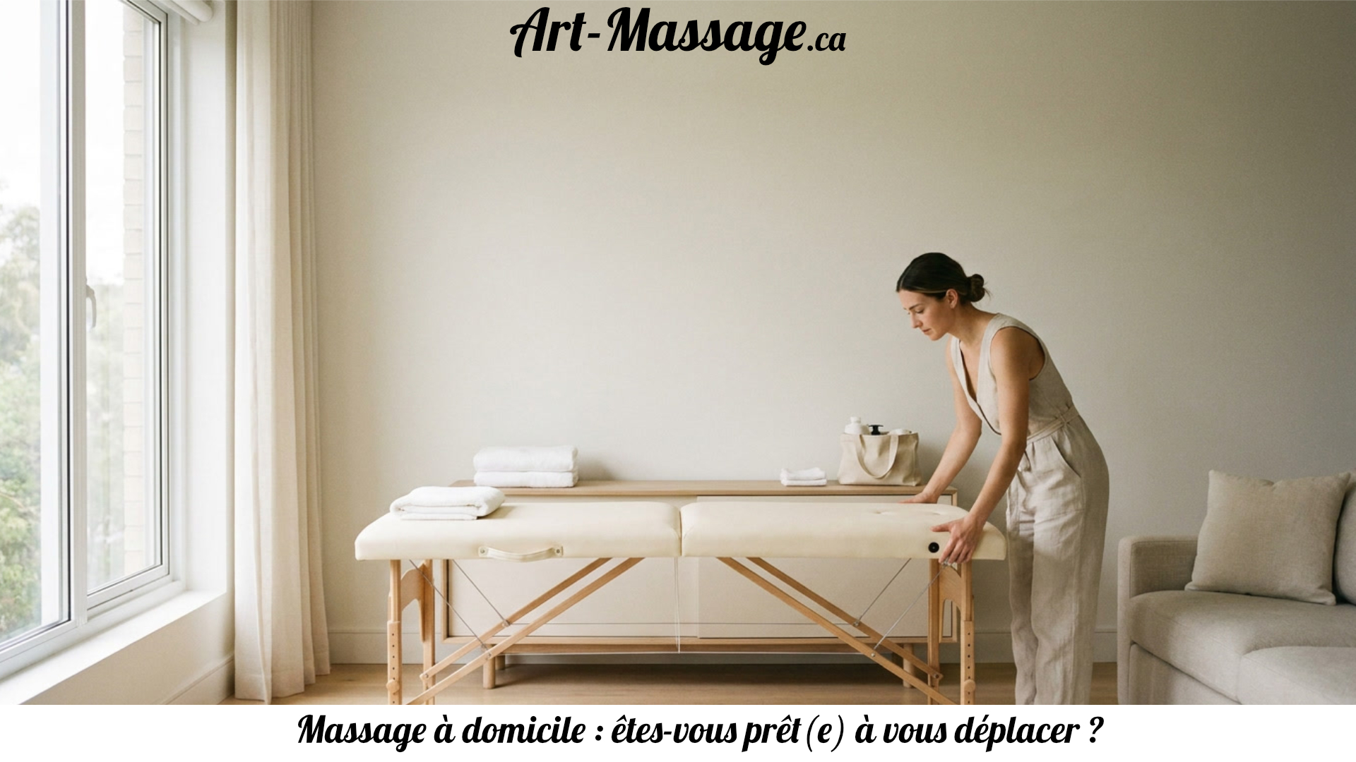 Domicile Praticien installant une table de massage pliante et du linge propre dans une pièce à domicile.