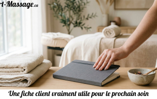 Une praticienne referme un carnet de suivi dans une salle de massage lumineuse.