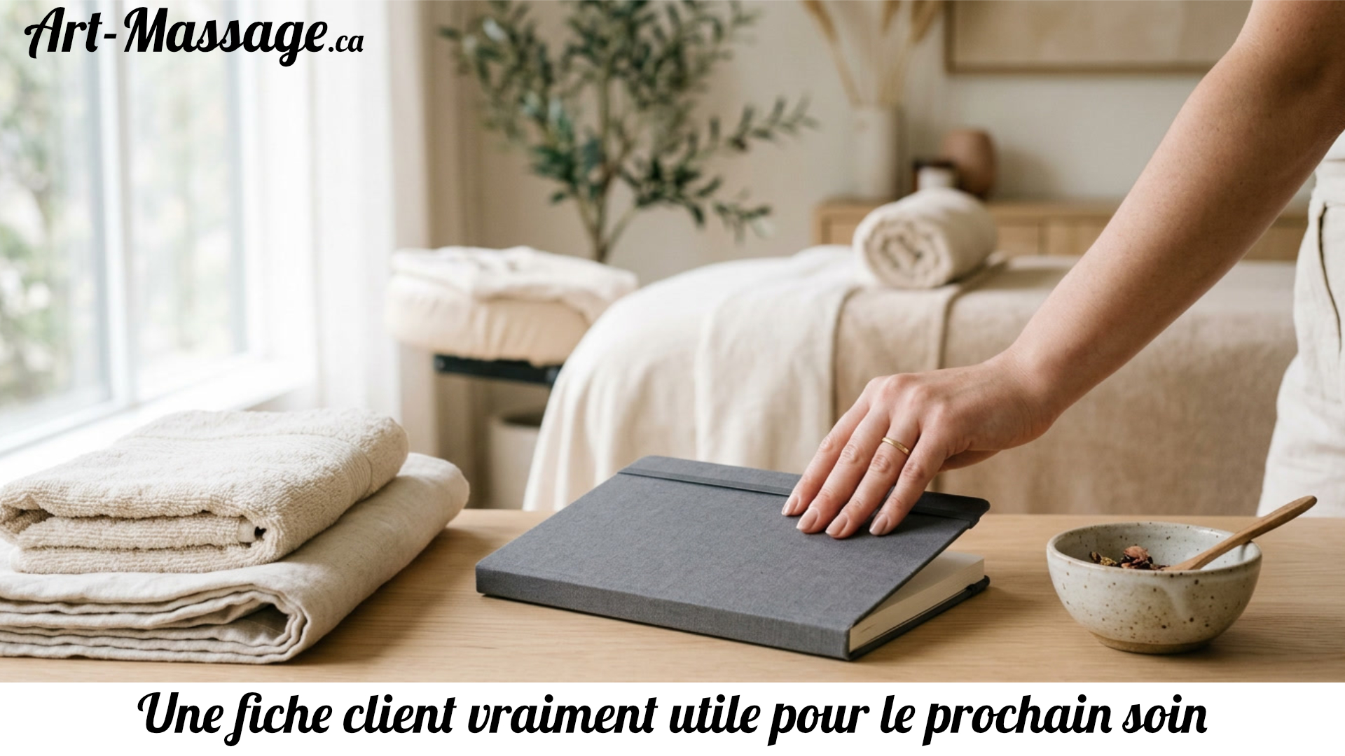 FicheClient Une praticienne referme un carnet de suivi dans une salle de massage lumineuse.