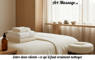 Table de massage préparée avec du linge propre et des accessoires soigneusement disposés dans un cabinet lumineux.