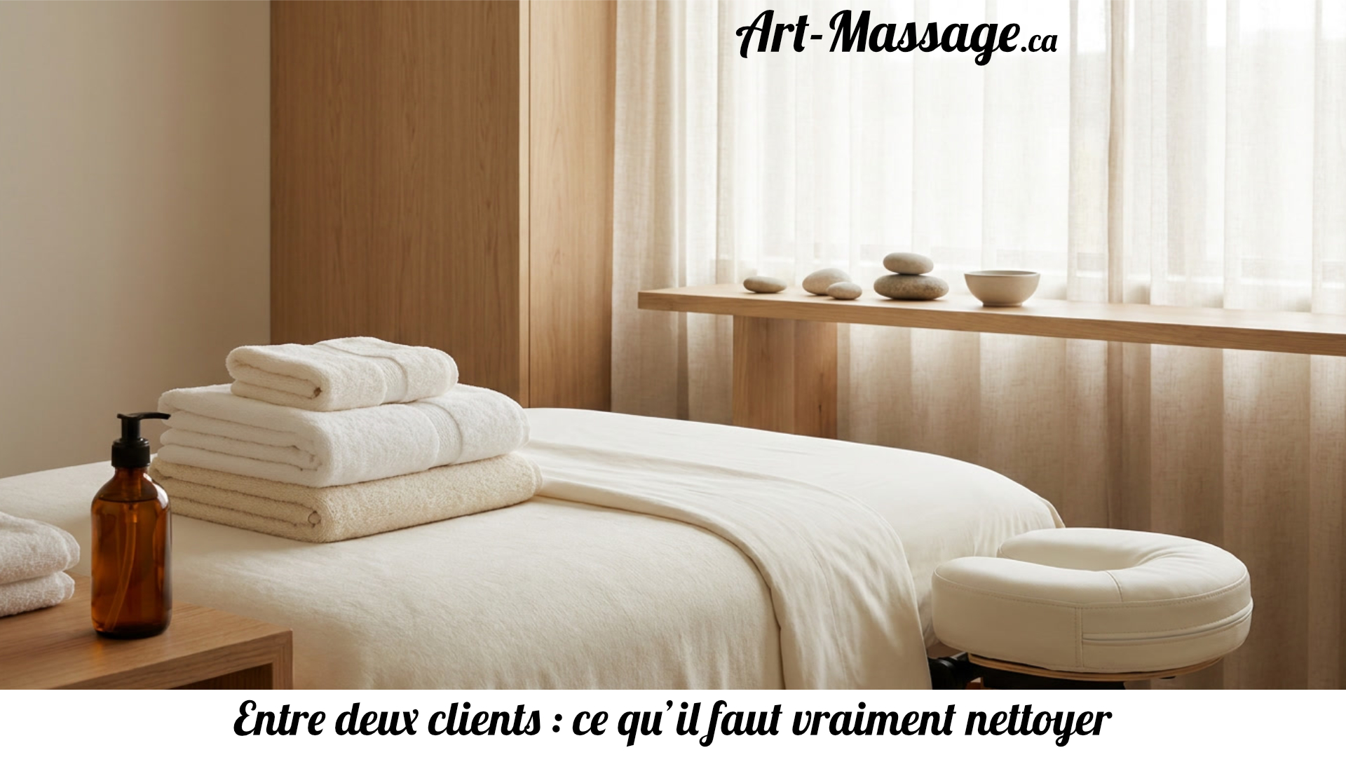 Hygiène2 Table de massage préparée avec du linge propre et des accessoires soigneusement disposés dans un cabinet lumineux.