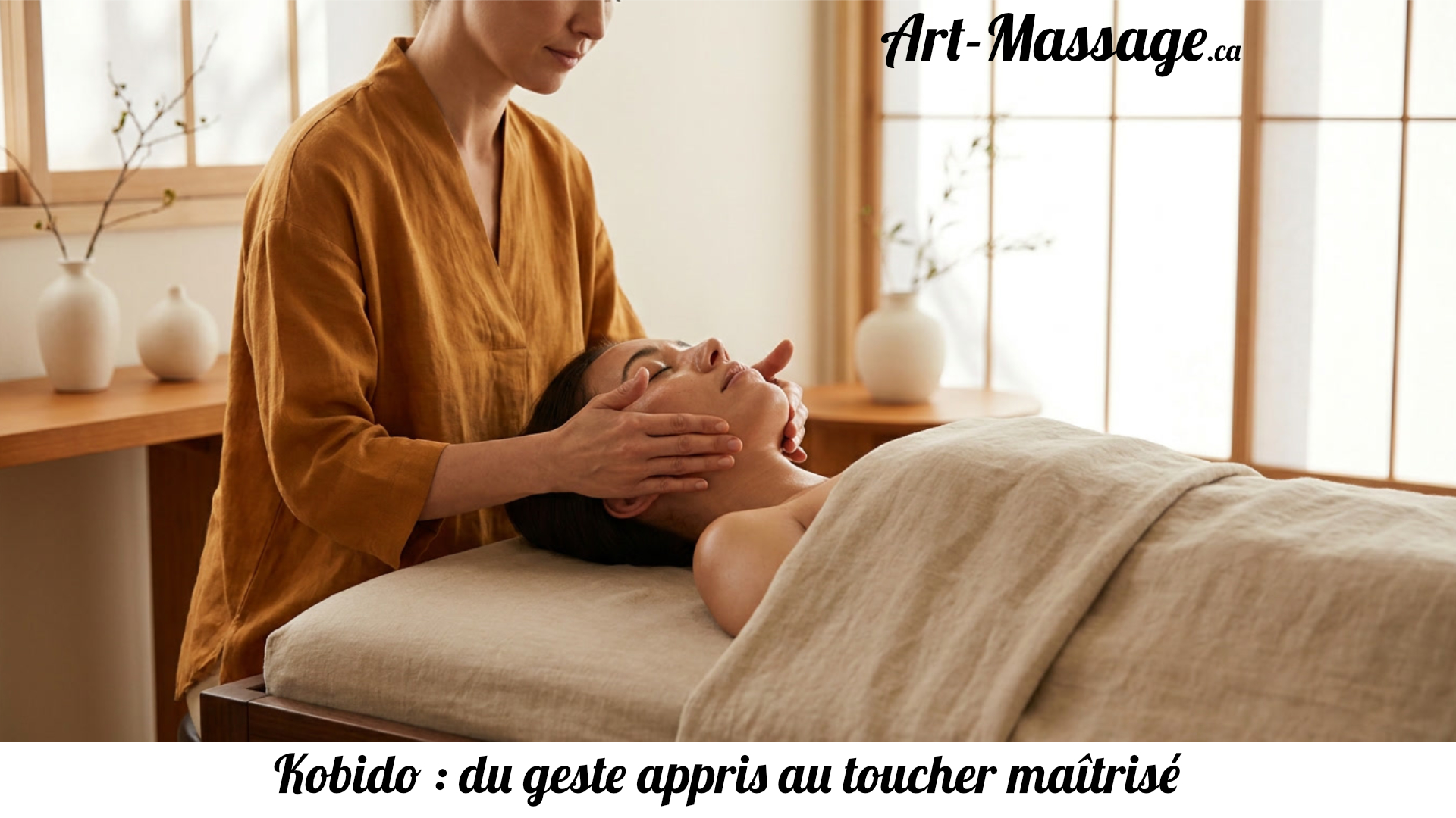 KobidoGestes Praticienne réalisant un massage facial Kobido avec des gestes précis sur le visage d’une cliente allongée.