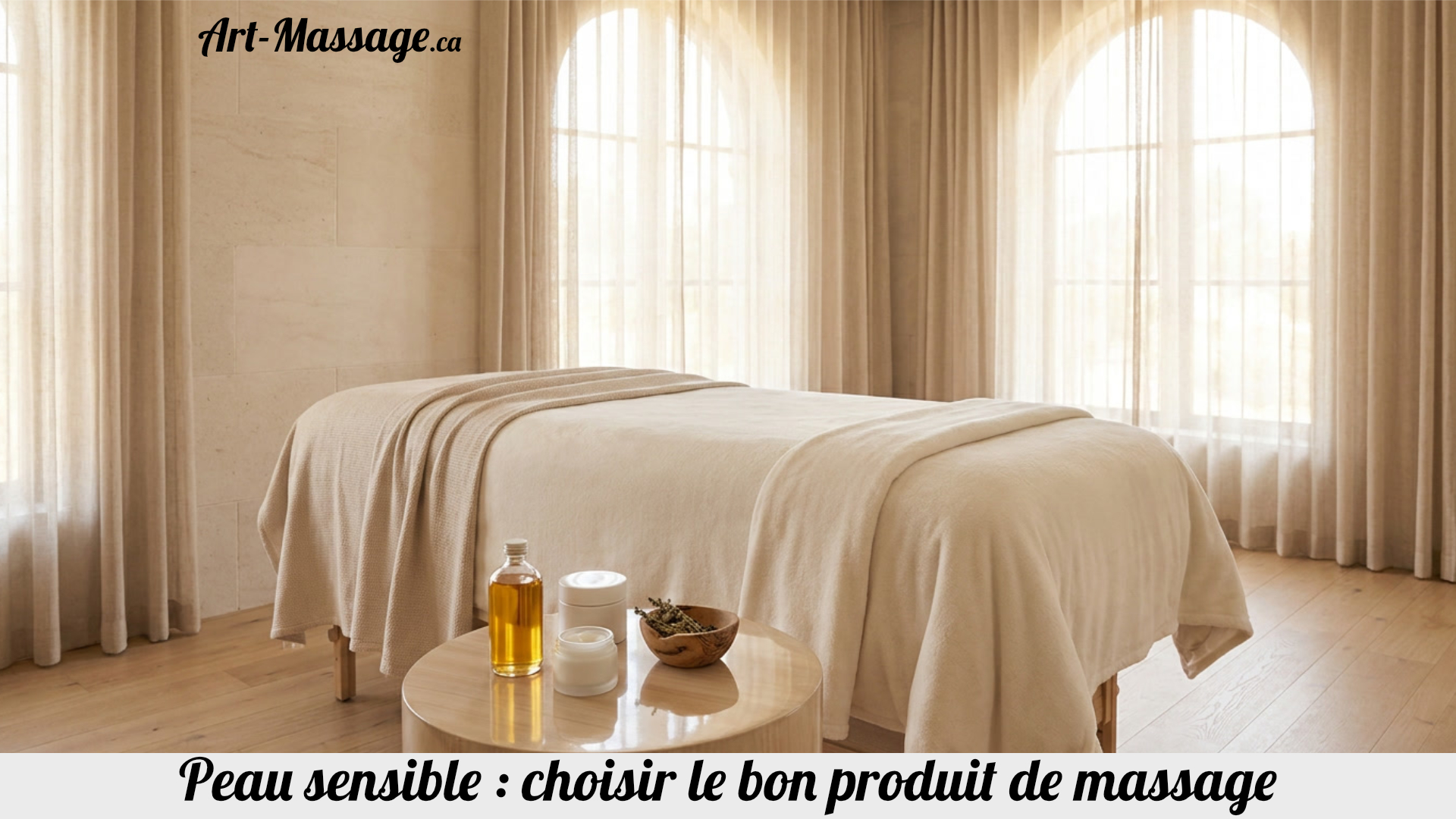 PeauSensible Un praticien présente deux flacons de produit de massage à une cliente avant la séance.