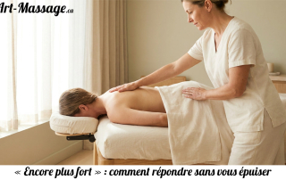 Massothérapeute gardant un contact de la paume sur le haut du dos d’une personne allongée sur une table de massage.