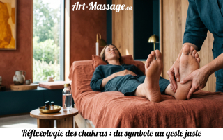 Mains d’un praticien travaillant avec précision la plante du pied, accompagnées de sept touches colorées évoquant les chakras.