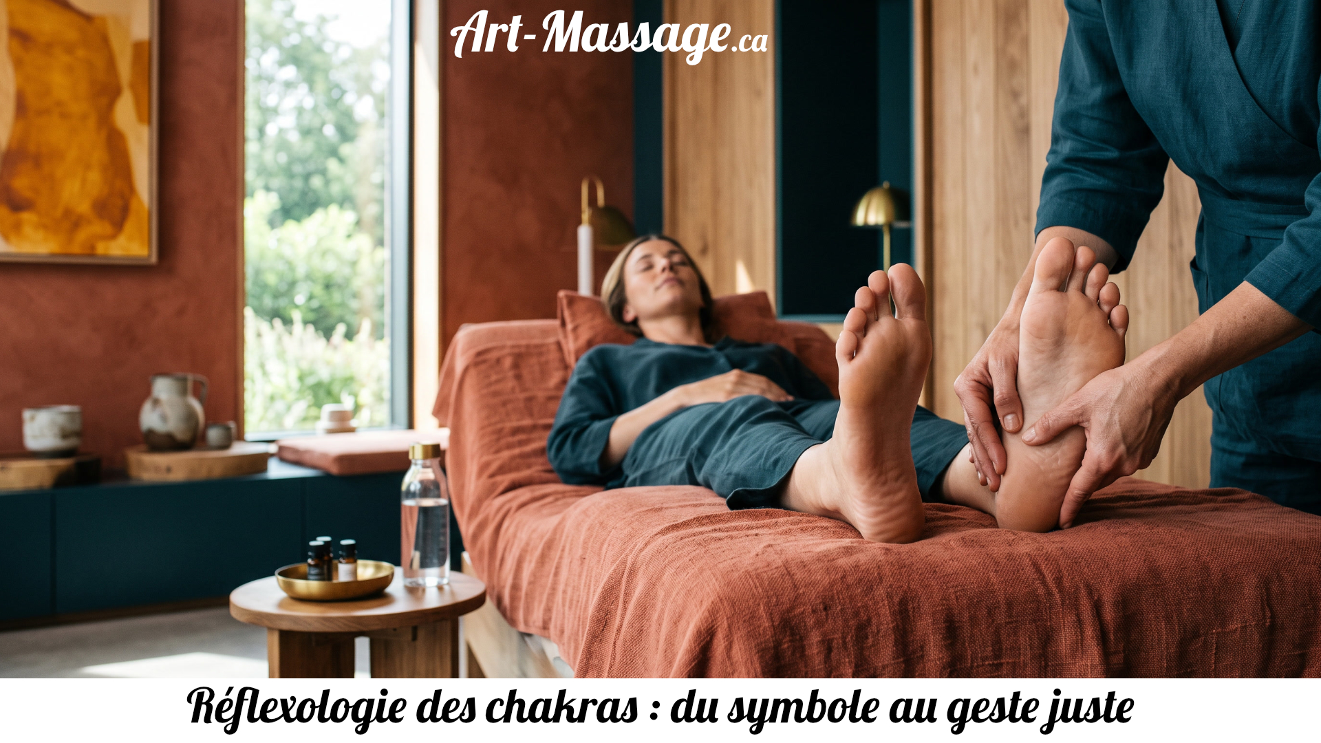 RéflexoChakrasGesteJuste Mains d’un praticien travaillant avec précision la plante du pied, accompagnées de sept touches colorées évoquant les chakras.