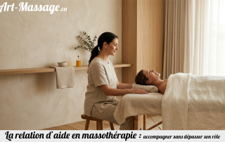 Une massothérapeute échange calmement avec une cliente installée sur une table de massage dans un espace sobre et lumineux.