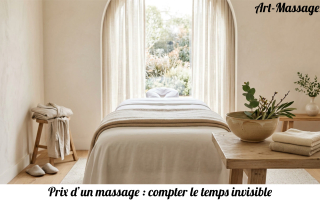 Table de massage préparée dans une pièce lumineuse, avec du linge plié et un espace d’accueil soigné.