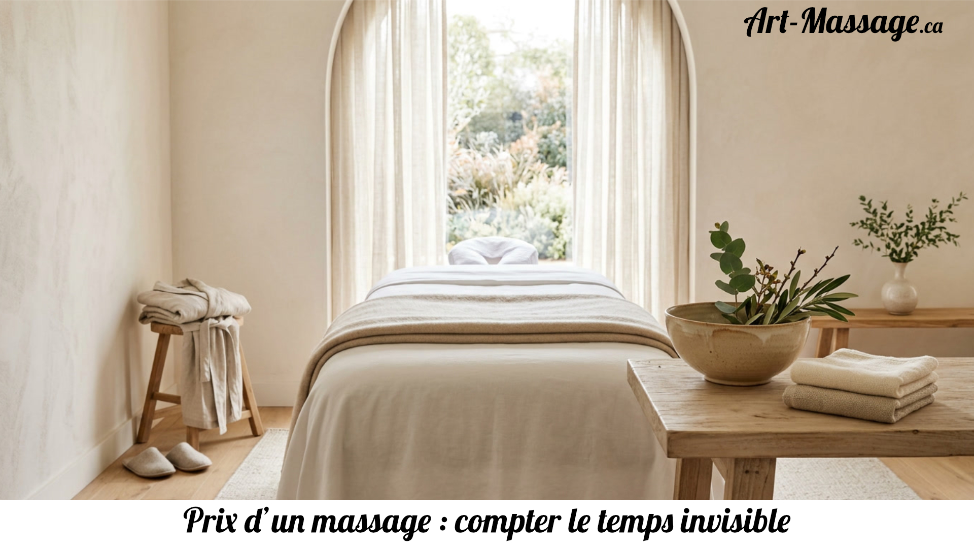 TarifMassage Table de massage préparée dans une pièce lumineuse, avec du linge plié et un espace d’accueil soigné.