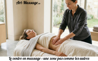 Massothérapeute posant doucement ses mains sur le ventre couvert avec soin d’une cliente adulte.