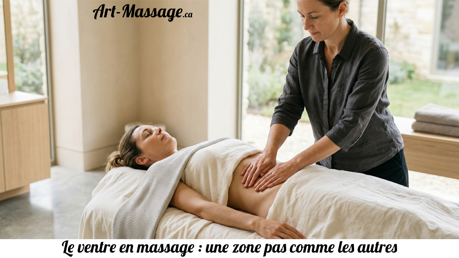 Ventre Massothérapeute posant doucement ses mains sur le ventre couvert avec soin d’une cliente adulte.