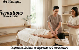 Une formatrice montre un geste de massage du dos à une élève dans une salle de formation aux tons clairs.