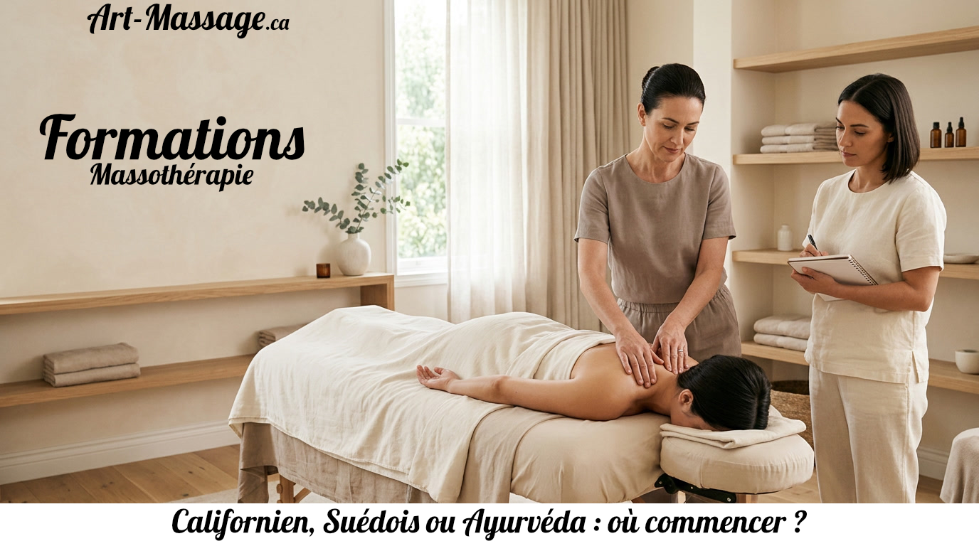 Une formatrice montre un geste de massage du dos à une élève dans une salle de formation aux tons clairs.