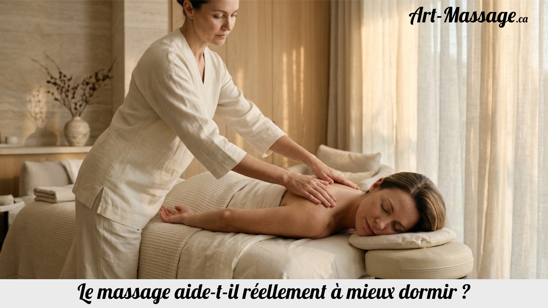 Une femme reçoit un massage relaxant des épaules dans un spa lumineux, les yeux fermés, dans une atmosphère apaisante.