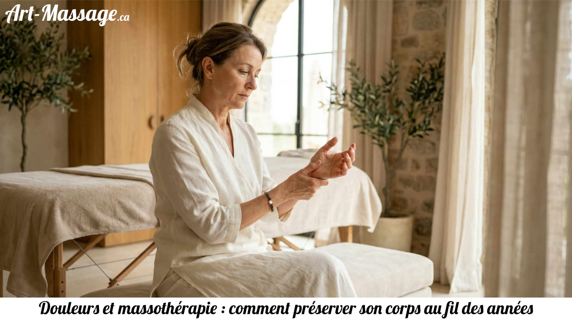 Massothérapeute assise près d'une table de massage, tenant délicatement son pouce et son poignet.