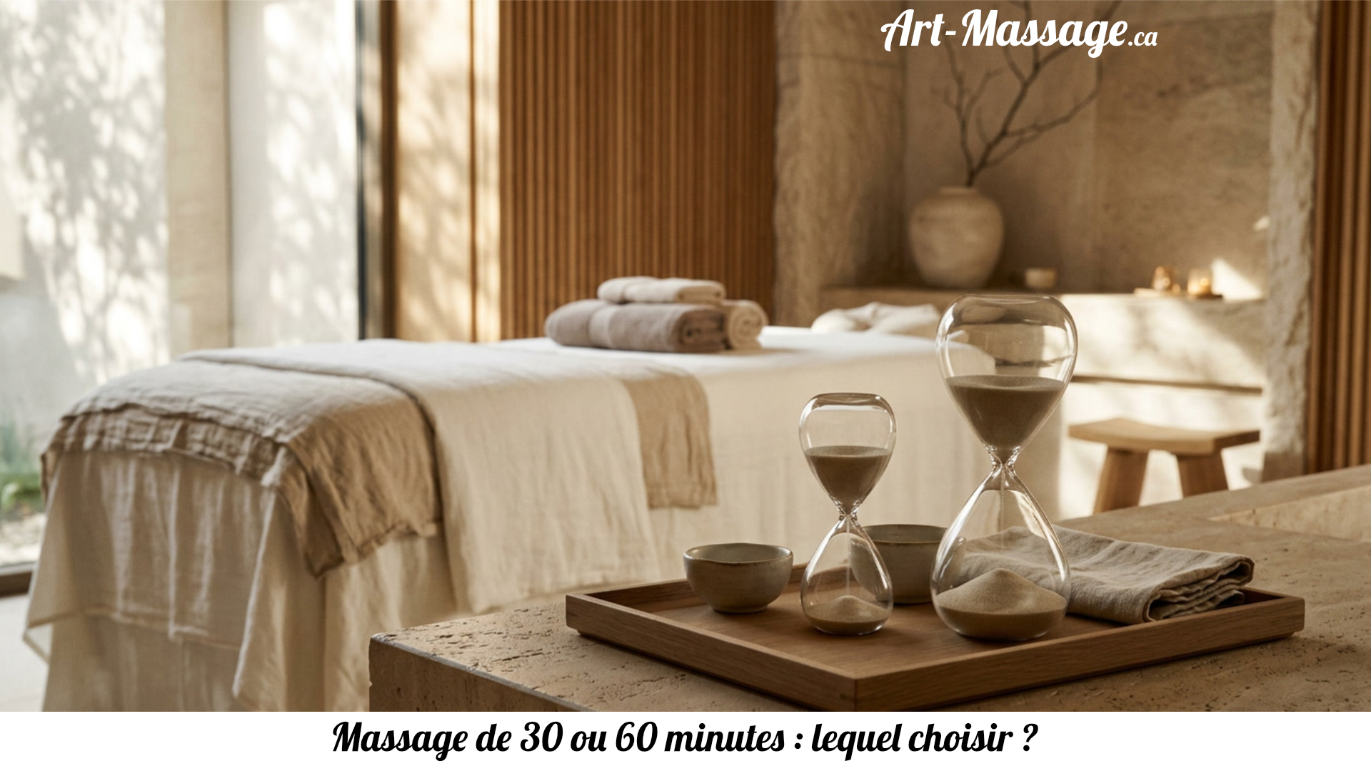 DuréeMassage Deux sabliers élégants disposés dans une salle de massage haut de gamme, évoquant le choix entre un massage de 30 minutes et une séance d'une heure.