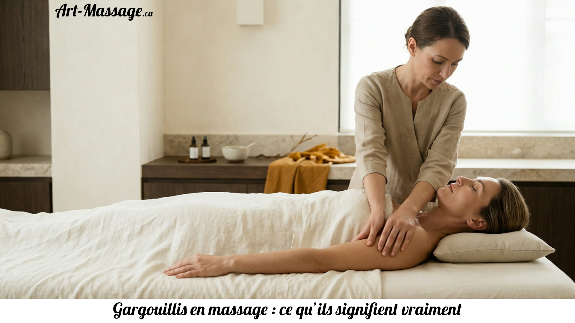 Une femme allongée sous un drap ivoire reçoit un massage de l’avant-bras dans un espace de soin lumineux.