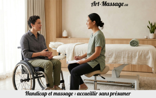 Une personne en fauteuil roulant échange avec une praticienne assise à sa hauteur, près d’une table de massage.