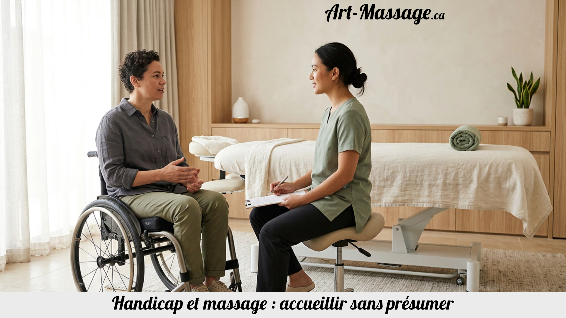 Une personne en fauteuil roulant échange avec une praticienne assise à sa hauteur, près d’une table de massage.