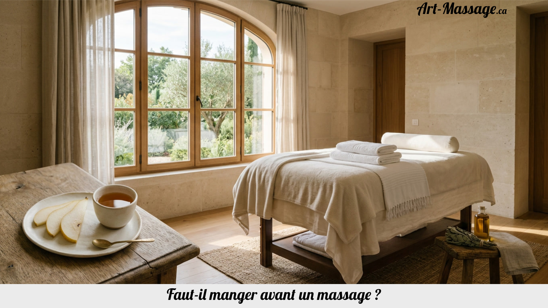 Table de massage recouverte de linge ivoire dans un spa lumineux, accompagnée d'une petite collation et d'une tisane évoquant la préparation d'une séance.
