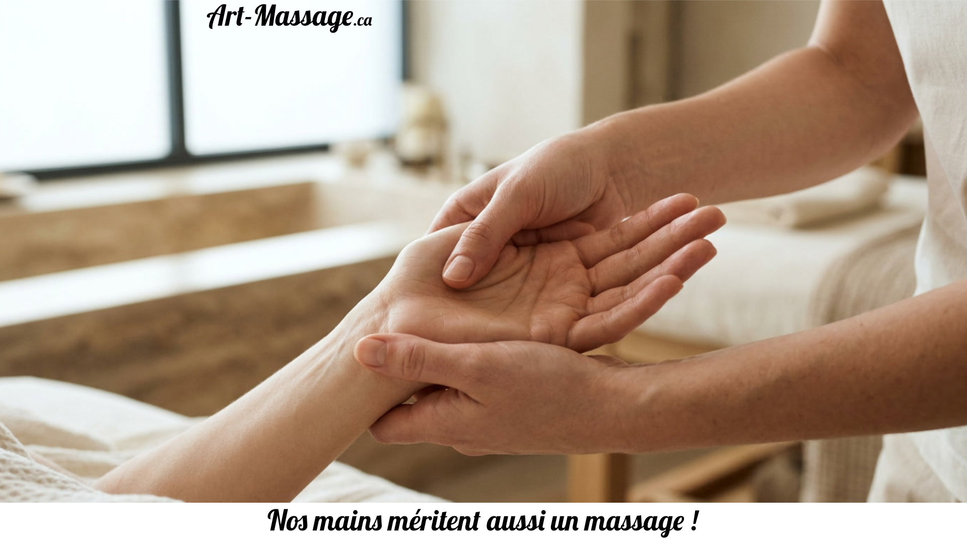 MassageMain Gros plan sur les mains d'une massothérapeute réalisant un massage doux de la paume d'une cliente dans un environnement de spa lumineux et apaisant.