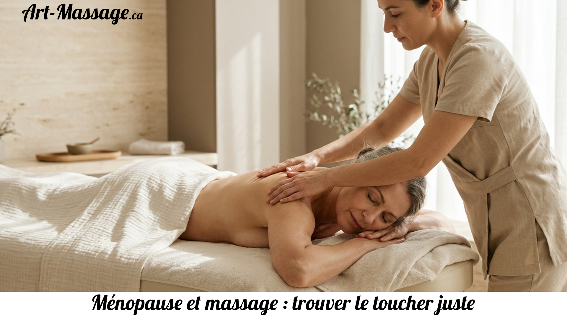 Femme d'une cinquantaine d'années recevant un massage professionnel doux des épaules dans un spa lumineux, dans une atmosphère calme et chaleureuse.
