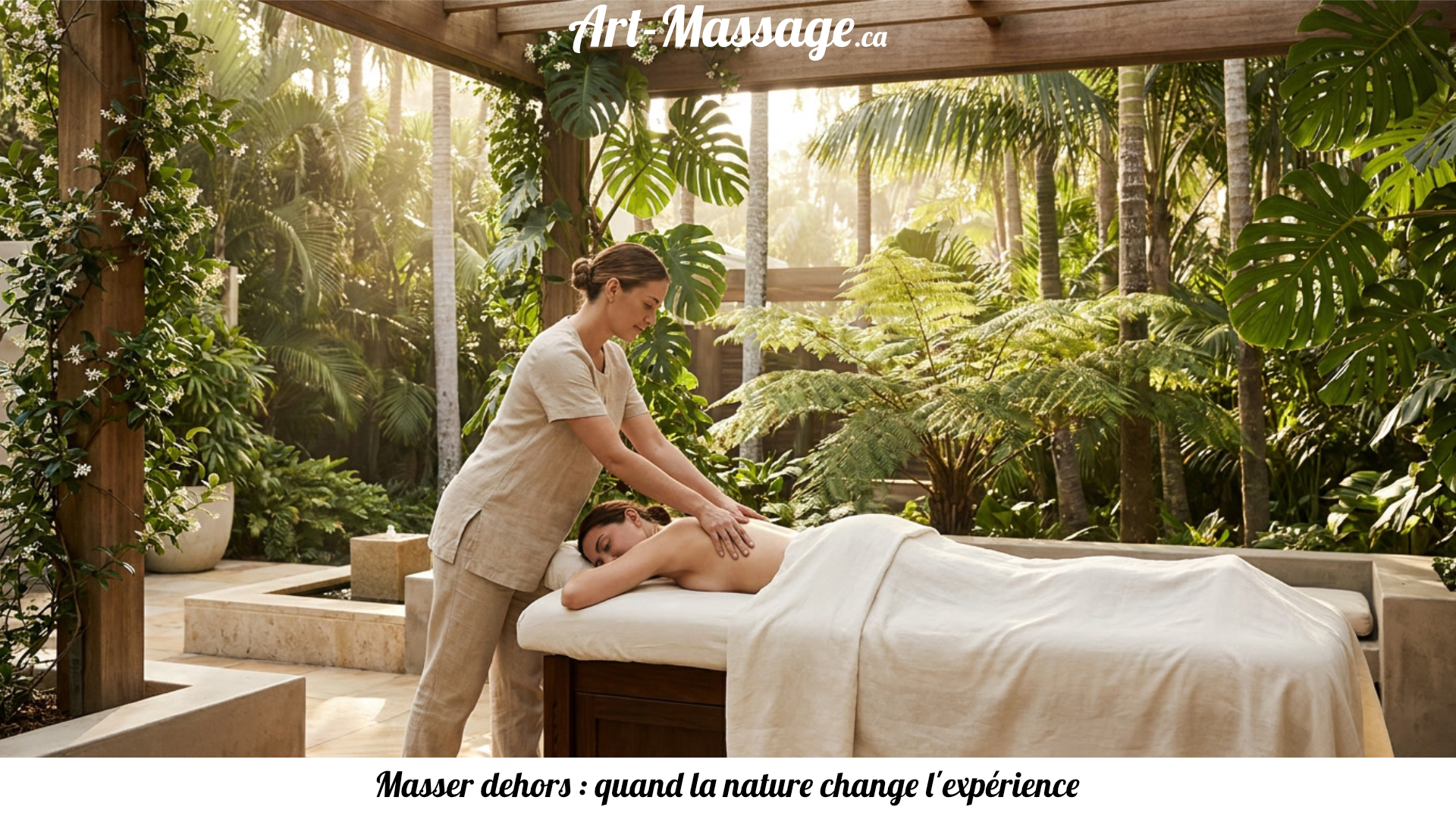 Massothérapeute réalisant un massage du dos en plein air, dans un jardin tropical verdoyant, sur une table installée sous une pergola ombragée.