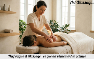 Massothérapeute pratiquant un massage doux du dos dans un espace de soin lumineux, illustrant la relation entre toucher, relaxation et système nerveux.