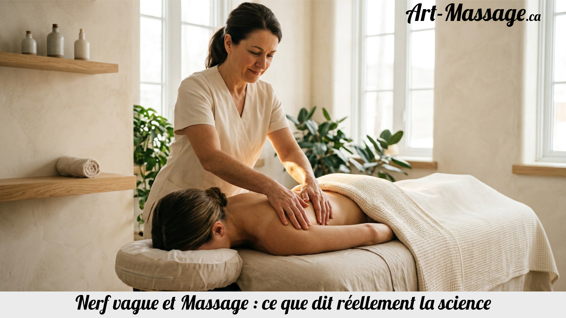 NerfVague Massothérapeute pratiquant un massage doux du dos dans un espace de soin lumineux, illustrant la relation entre toucher, relaxation et système nerveux.
